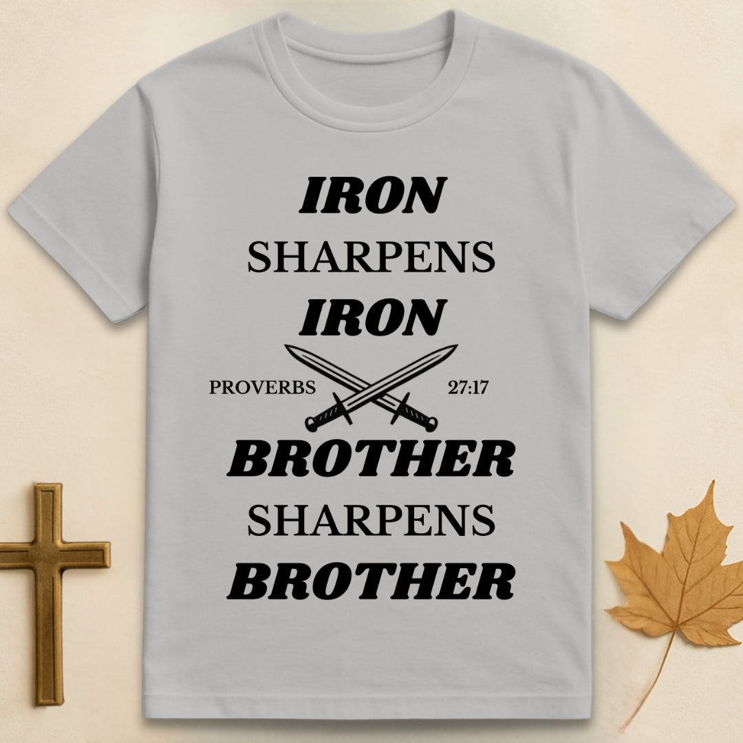 Ice grey Iron Sharpens Iron t-shirt featuring graphic of two crossed swords with text "Iron Sharpens Iron" above and "Brother Sharpens Brother" below
