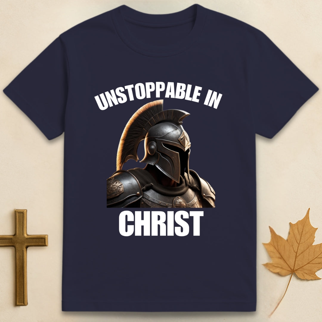 Navy blue Unstoppable In Christ t-shirt featuring Spartan-style helmet graphic with text "Unstoppable In" above and "Christ" below.