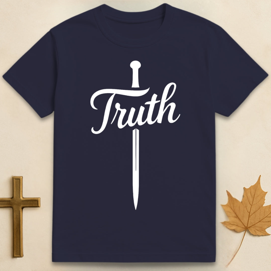 A navy blue Truth t-shirt featuring bold sword graphic integrated into the word “Truth