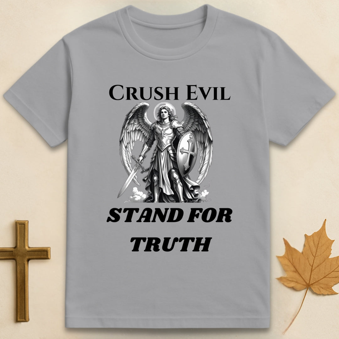 Sports grey Stand for Truth t-shirt featuring Archangel Michael graphic with text "Crush Evil" above and "Stand for Truth" below the design