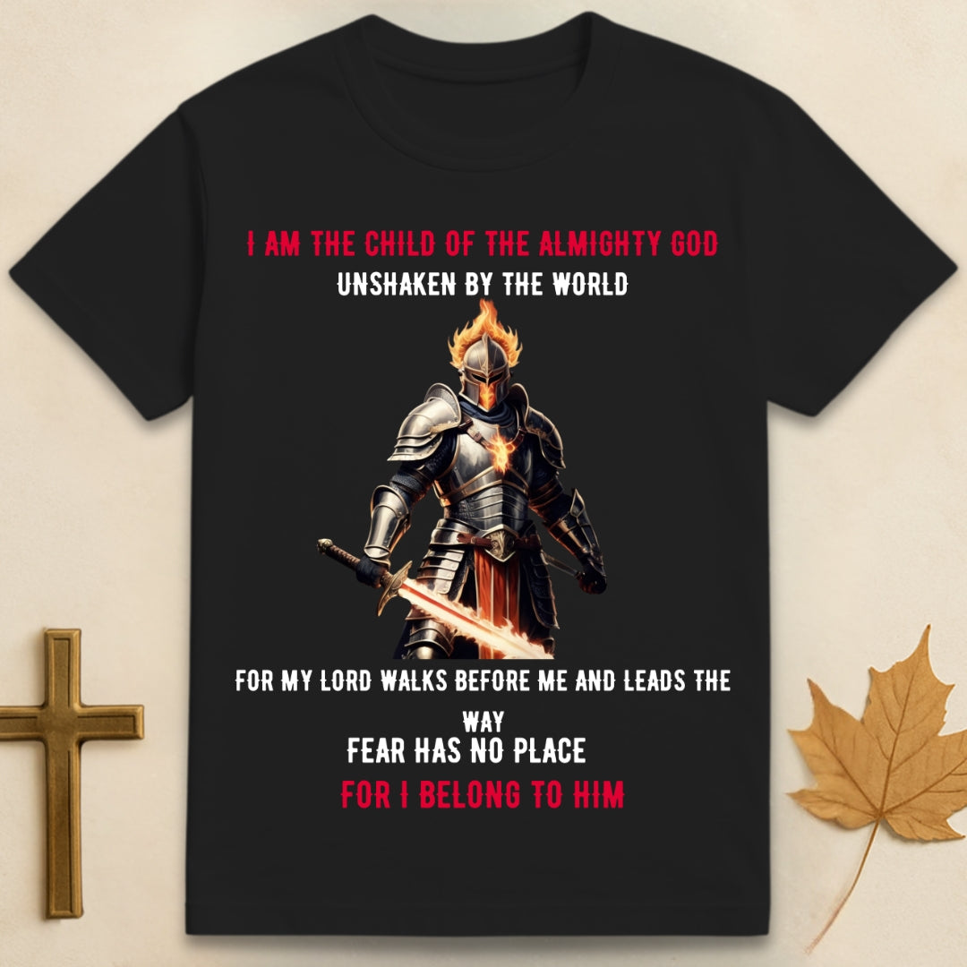 Black Almighty God t-shirt featuring graphic of burning warrior in armor with text "I am a child of the Almighty God, unshaken for my Lord leads the way".