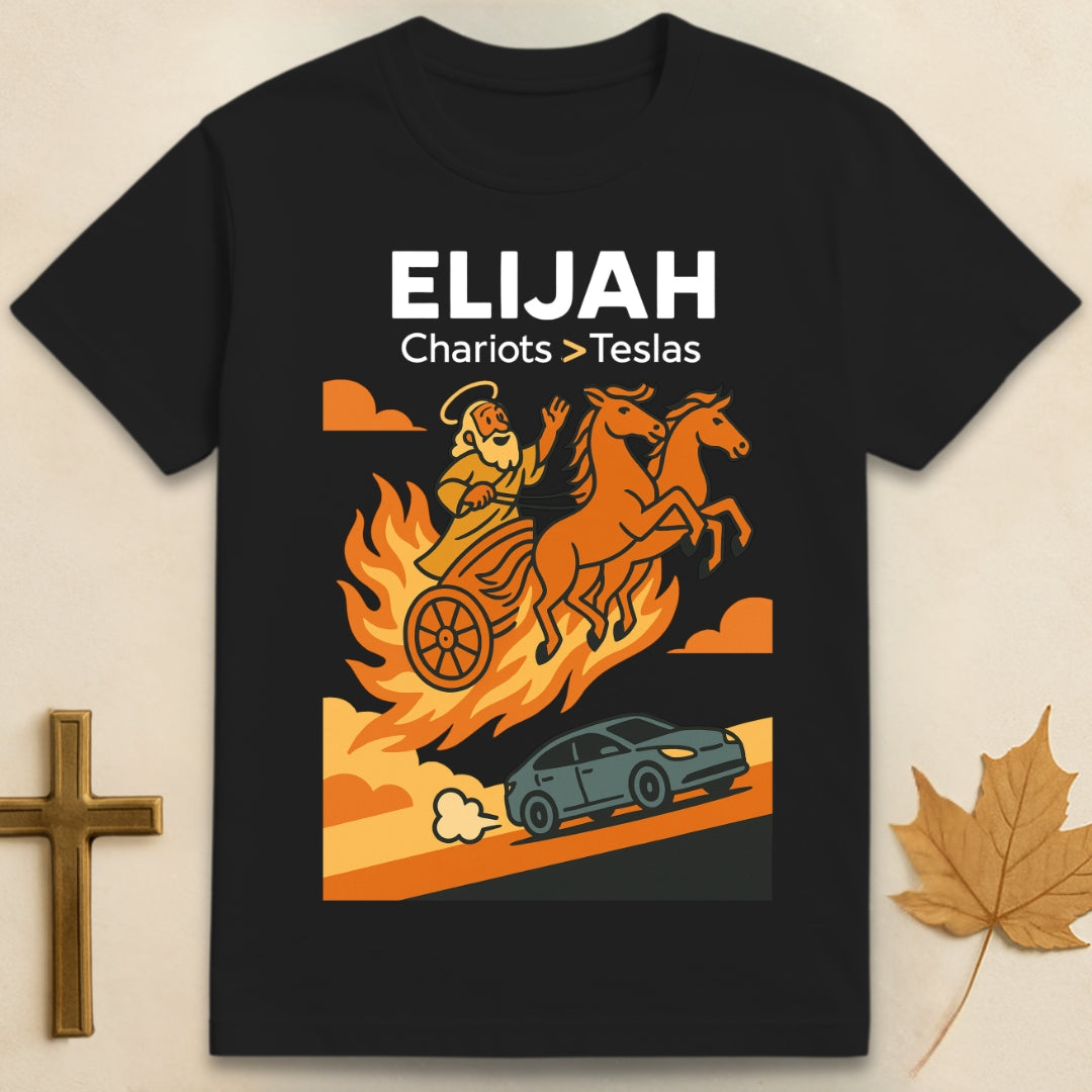 Black Elijah t-shirt with colorful graphic of Elijah in a chariot flying above a Tesla and “chariots > teslas” text
