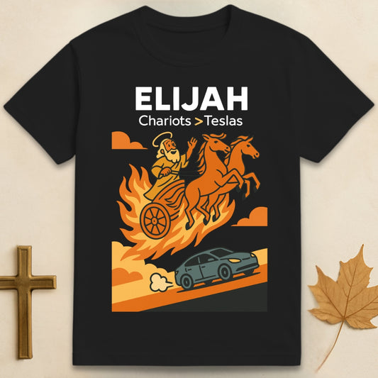 Black Elijah t-shirt with colorful graphic of Elijah in a chariot flying above a Tesla and “chariots > teslas” text