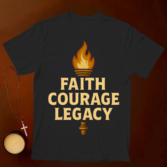 Black faith courage legacy t-shirt faith-based apparel with torch and glowing flame behind text