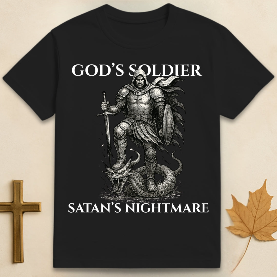 Black God's Soldier t-shirt featuring graphic of a man in armor with foot on serpent's head, text "God's Soldier" above and "Satan's Nightmare" below.