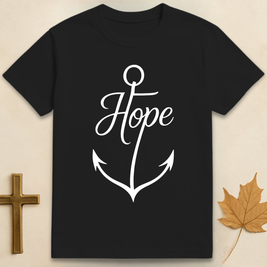 Black hope t-shirt Christian graphic featuring “hope” text with anchor illustration