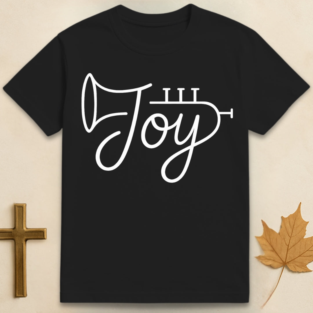 Black Joy t-shirt with text “joy” shaped like a trumpet illustration