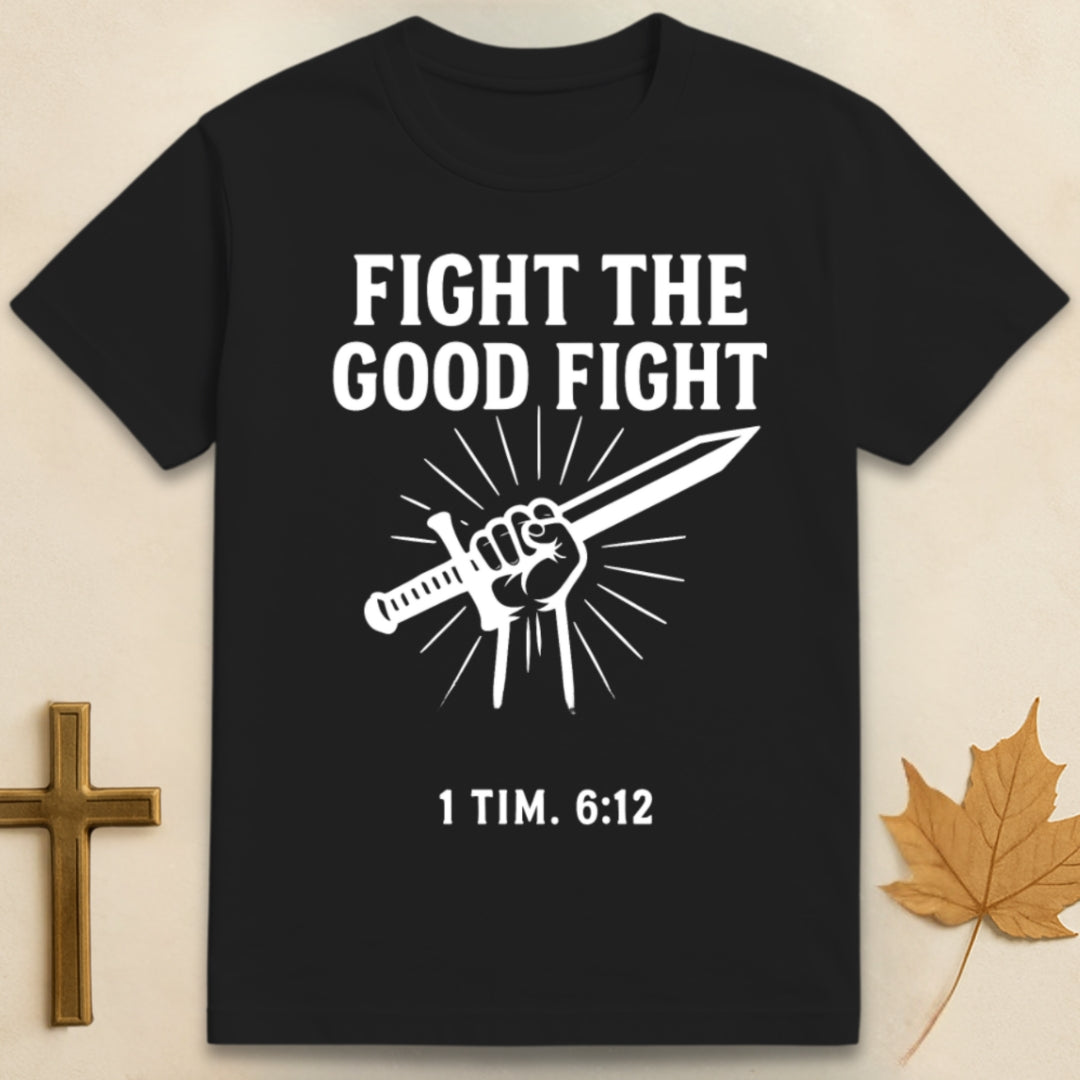 Black The Good Fight t-shirt featuring graphic of hand holding a sword with text "Fight the Good Fight" above and "1 Tim 6:12" below.