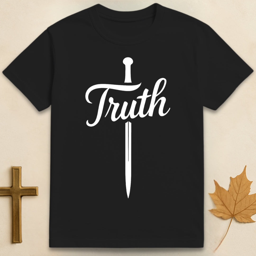 A Black Truth t-shirt featuring bold sword graphic integrated into the word “Truth