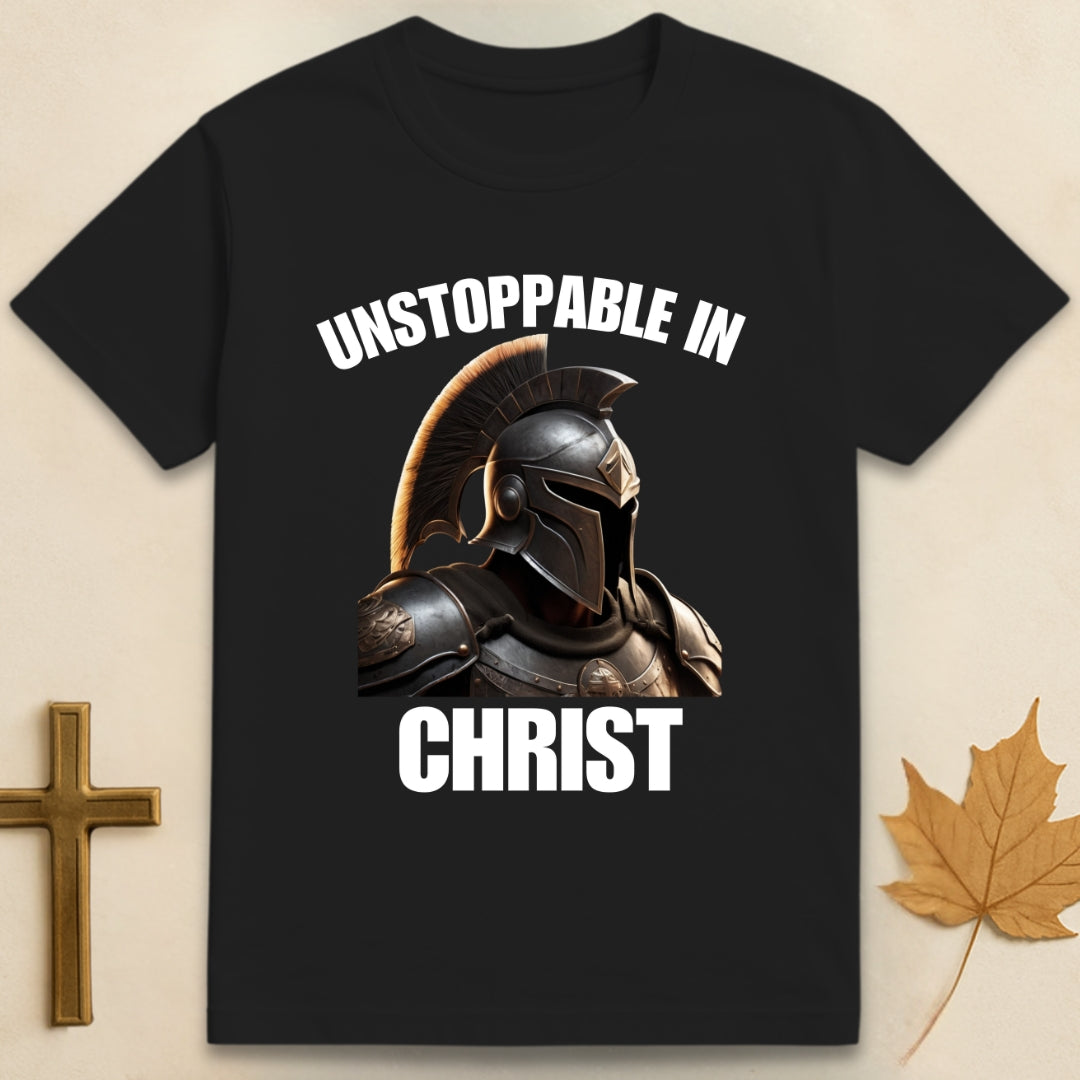 Black Unstoppable In Christ t-shirt featuring Spartan-style helmet graphic with text "Unstoppable In" above and "Christ" below.