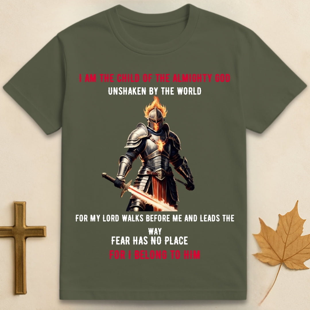 Green Almighty God t-shirt featuring graphic of burning warrior in armor with text "I am a child of the Almighty God, unshaken for my Lord leads the way".