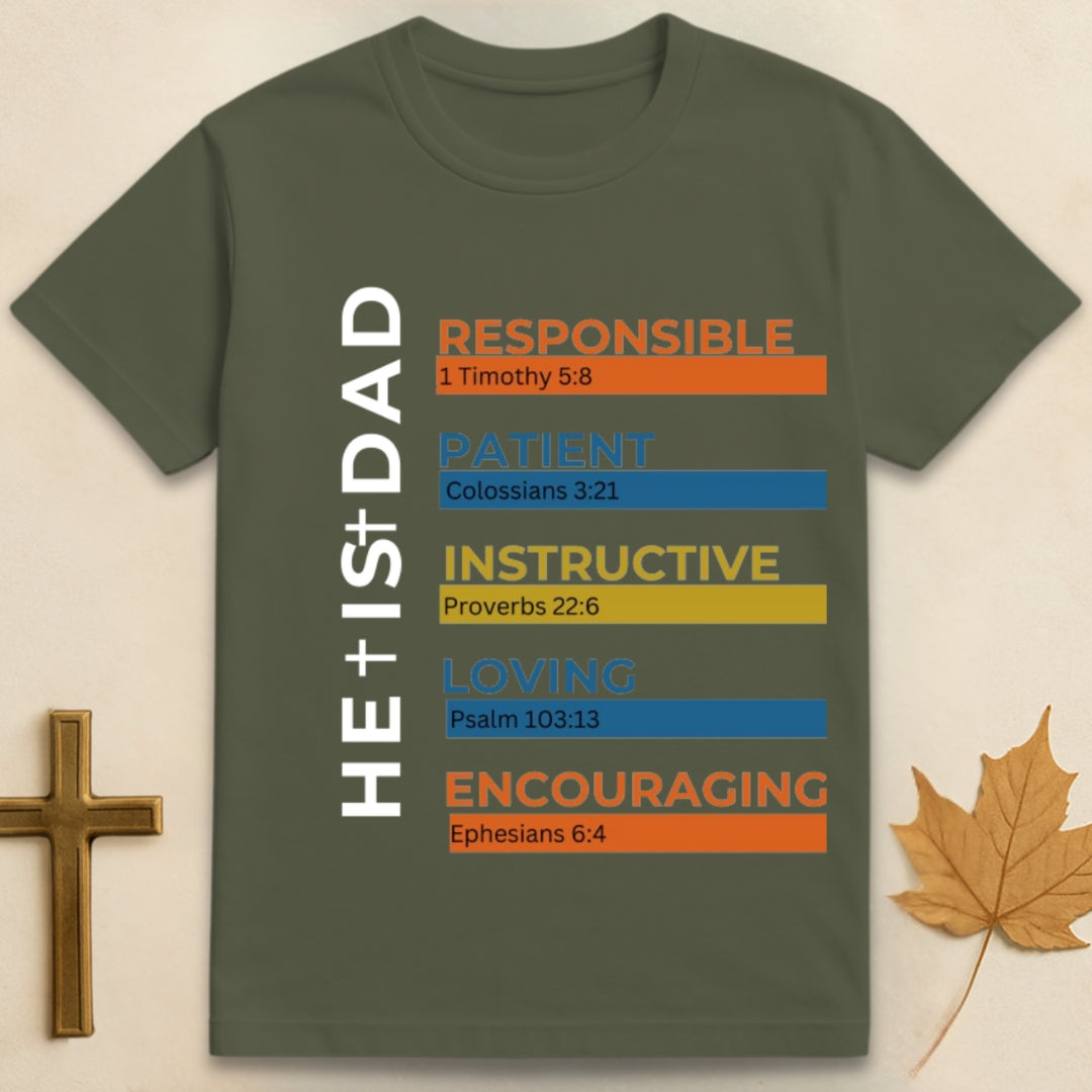 Green Dad t-shirt featuring text listing qualities of a good father with corresponding Bible verses underneath each quality.