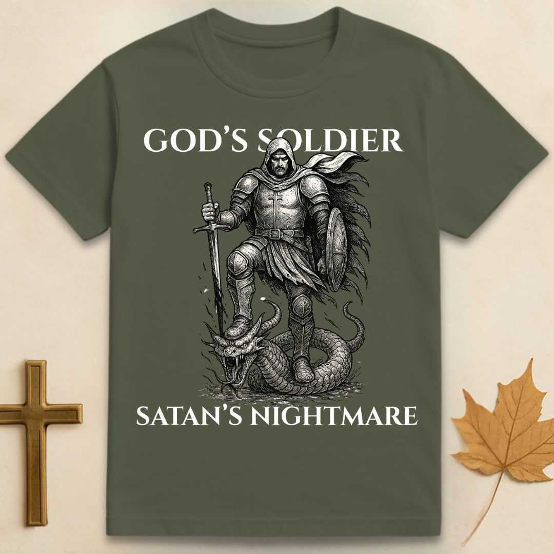 Green God's Soldier t-shirt featuring graphic of a man in armor with foot on serpent's head, text "God's Soldier" above and "Satan's Nightmare" below.