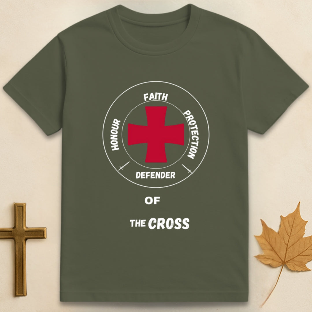 Green Knights Templar t-shirt featuring red knight templar cross graphic with text "Honour, Faith, Protection" around it and "Defender of the Cross" below.
