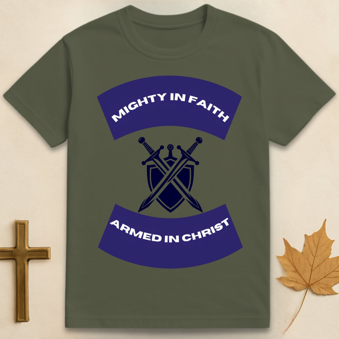 A green Mighty in Faith t-shirt featuring shield and crossed swords graphic with "Mighty in Faith" and "Armed in Christ" text curved around design.