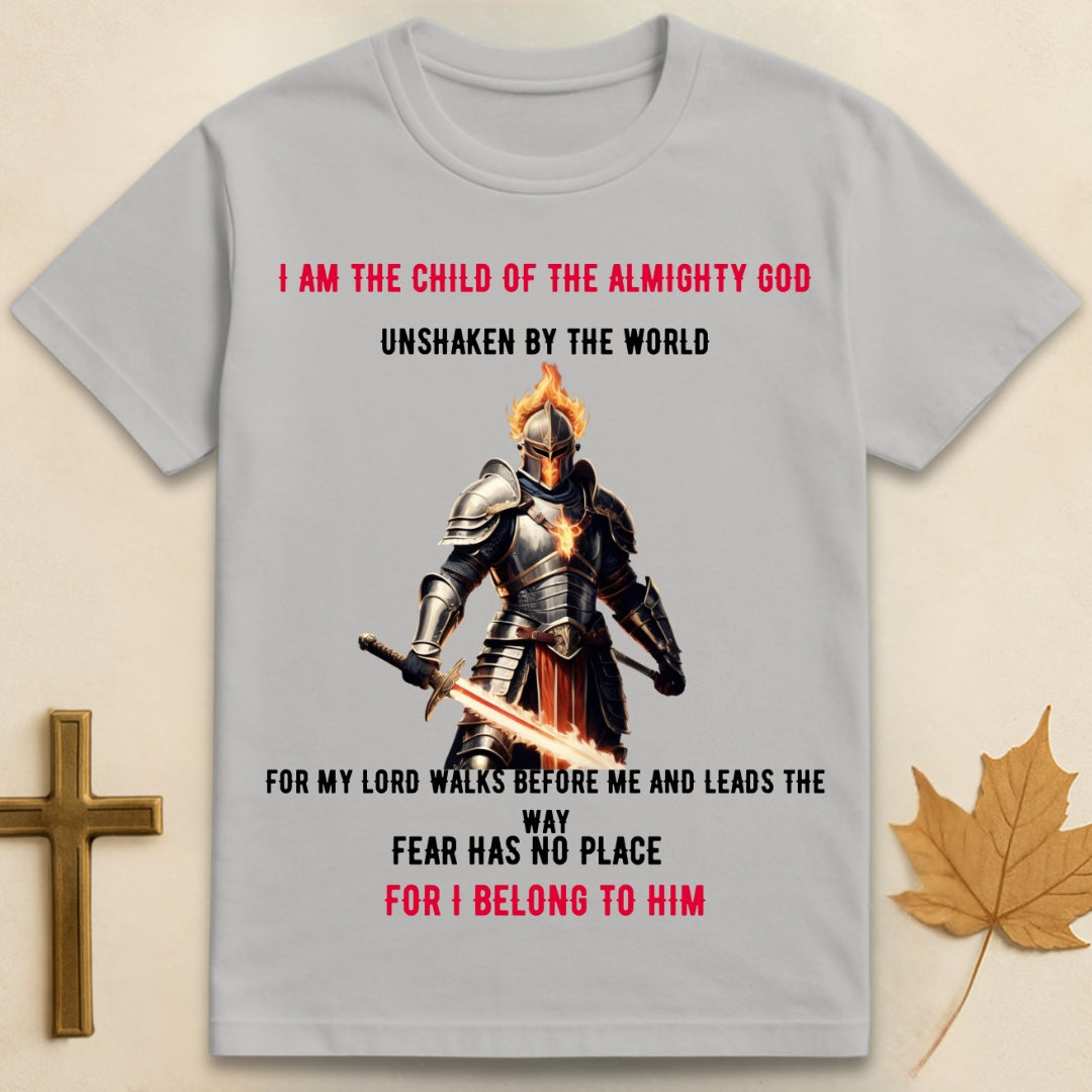 Ice grey Almighty God t-shirt featuring graphic of burning warrior in armor with text "I am a child of the Almighty God, unshaken for my Lord leads the way".