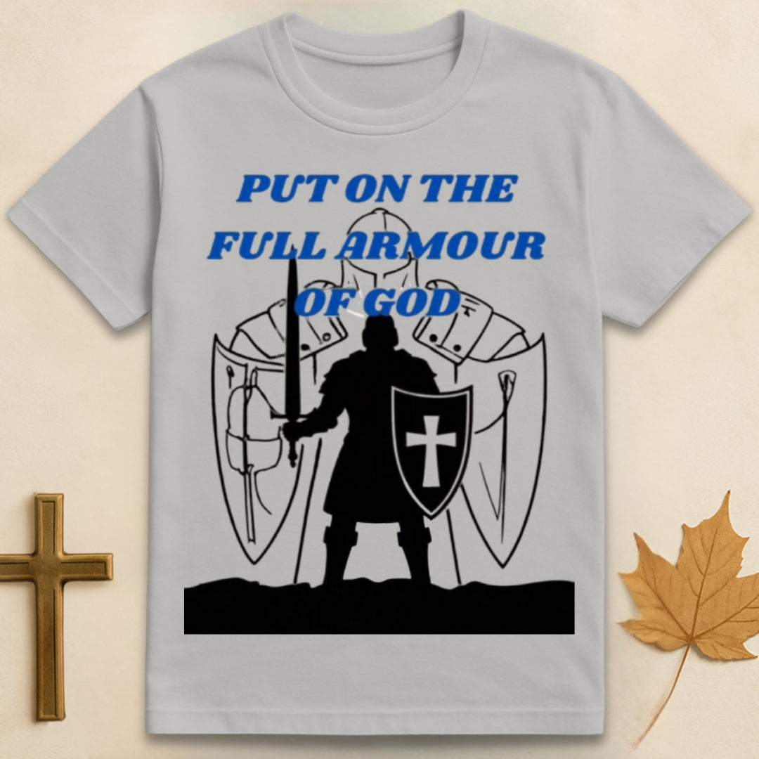 Ice grey Armor of God t-shirt featuring medieval soldier graphic with shield bearing cross emblem and text "Put on the Full Armor of God"