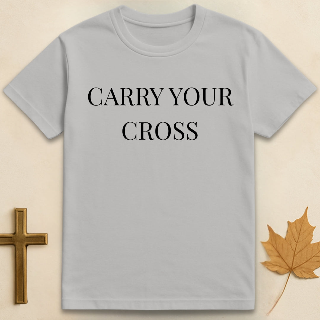 Ice Grey carry your cross t-shirt Christian design featuring “carry your cross” lettering in serif font