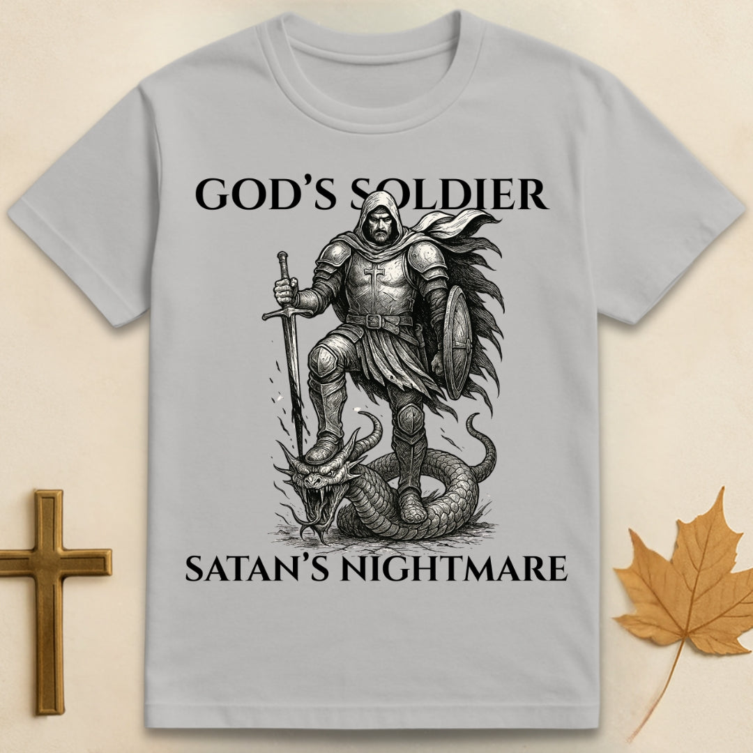 Ice grey God's Soldier t-shirt featuring graphic of a man in armor with foot on serpent's head, text "God's Soldier" above and "Satan's Nightmare" below