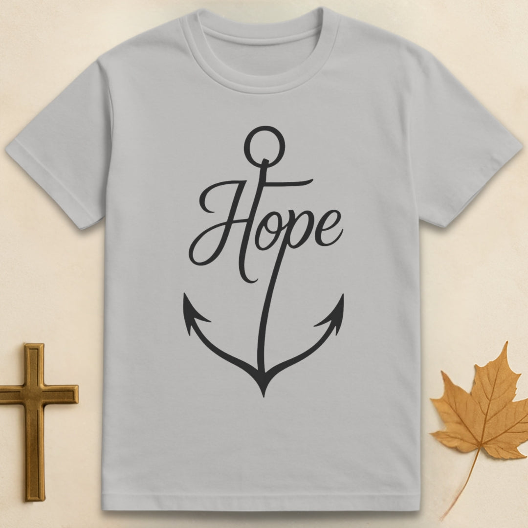Ice Grey hope t-shirt Christian graphic featuring “hope” text with anchor illustration