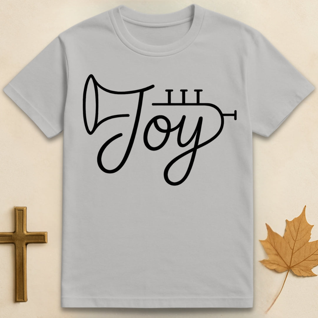 Ice Grey Joy t-shirt with text “joy” shaped like a trumpet illustration