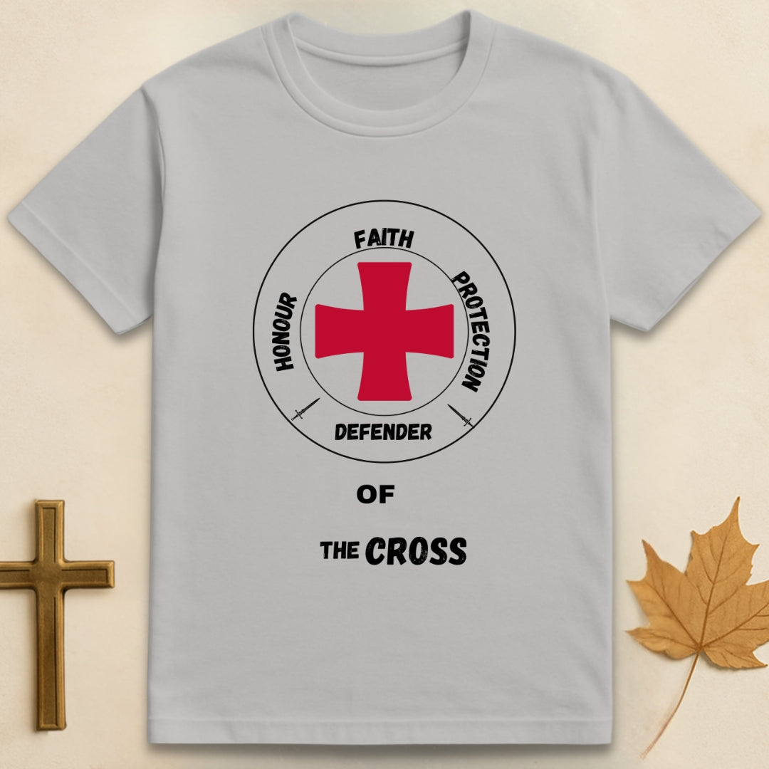 Ice grey Knights Templar t-shirt featuring red knight templar cross graphic with text "Honour, Faith, Protection" around it and "Defender of the Cross" below.