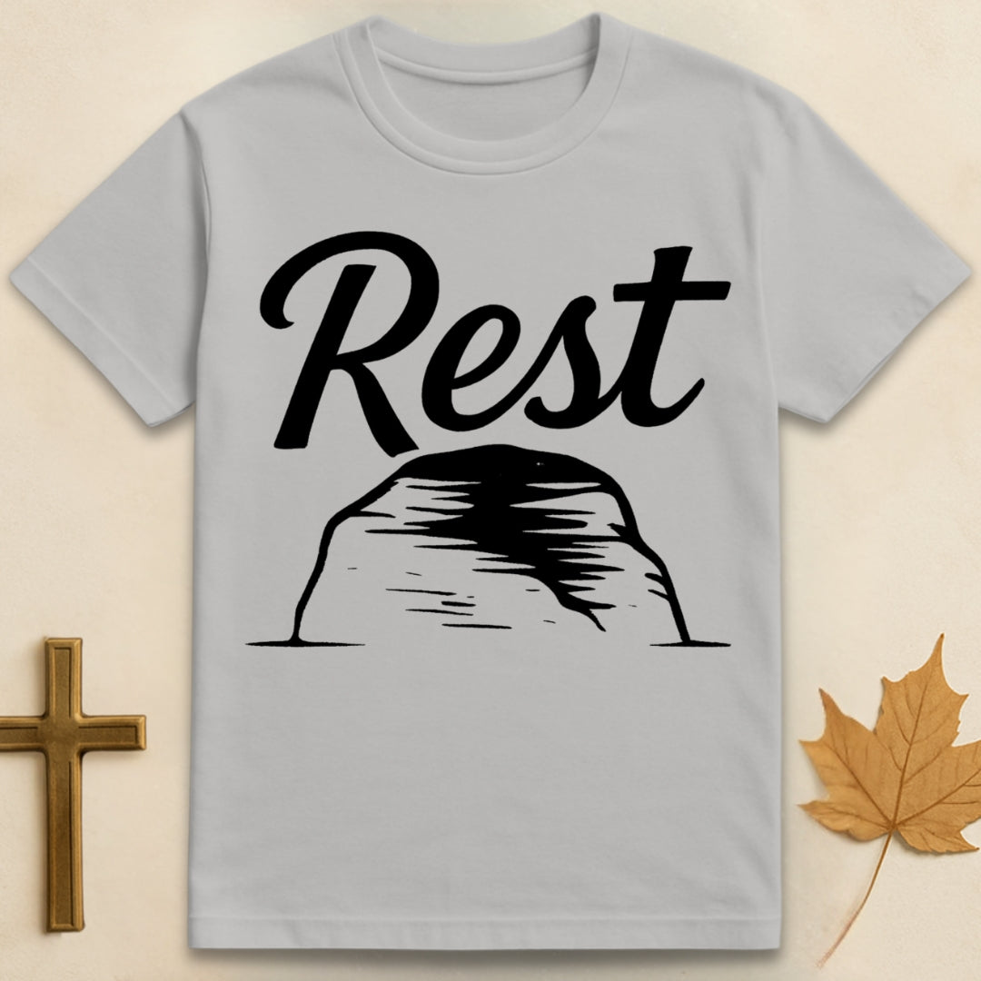 Ice Grey rest in God t-shirt with “rest” text above a simple rock illustration