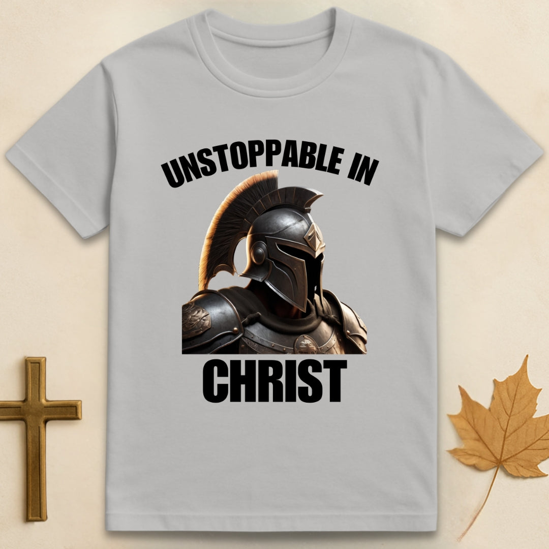 Ice grey Unstoppable In Christ t-shirt featuring Spartan-style helmet graphic with text "Unstoppable In" above and "Christ" below.