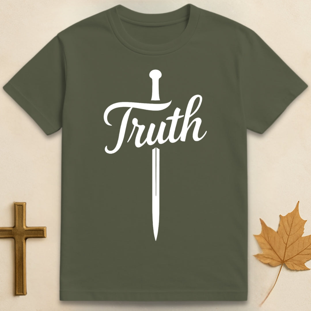 A military green Truth t-shirt featuring bold sword graphic integrated into the word “Truth