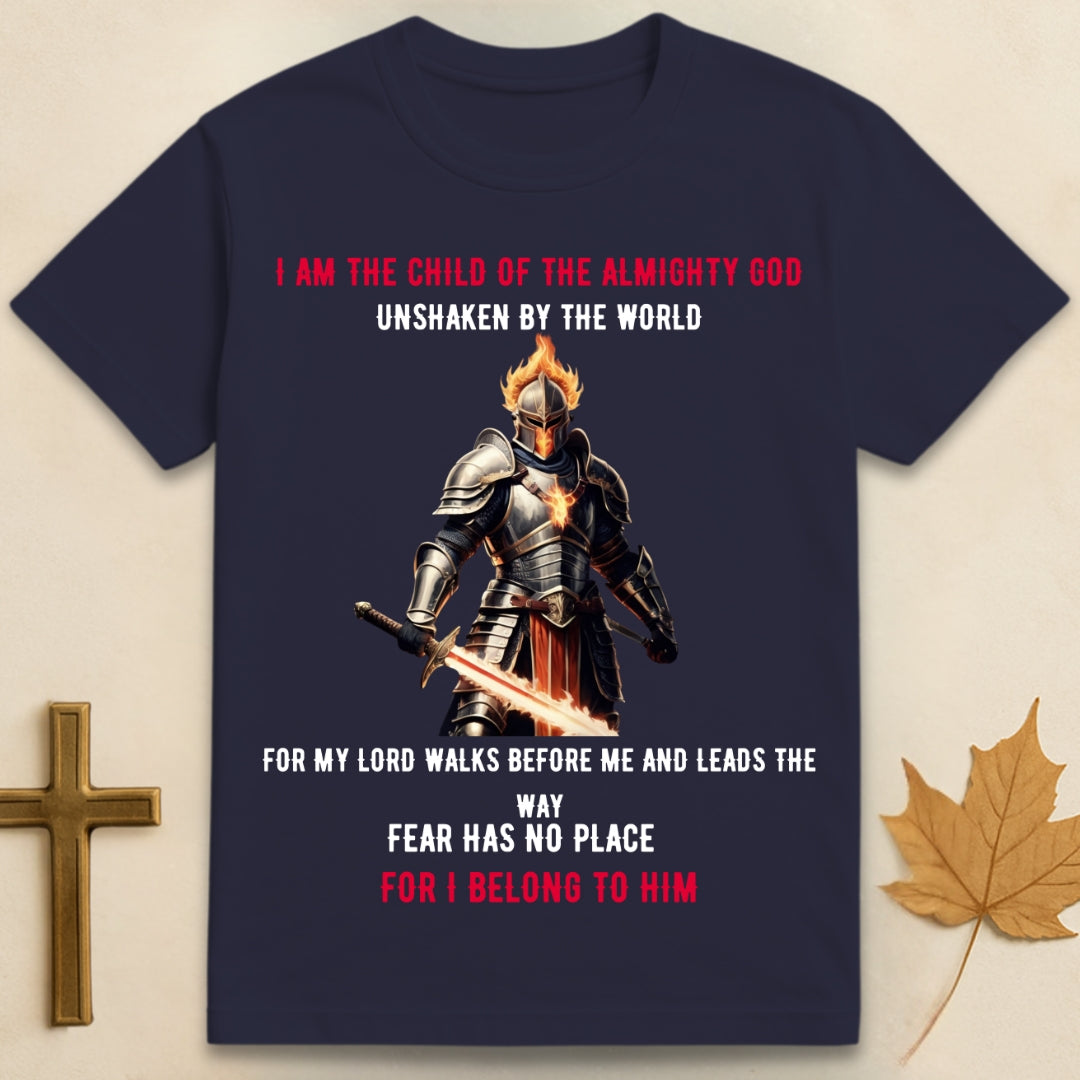 Navy blue Almighty God t-shirt featuring graphic of burning warrior in armor with text "I am a child of the Almighty God, unshaken for my Lord leads the way".