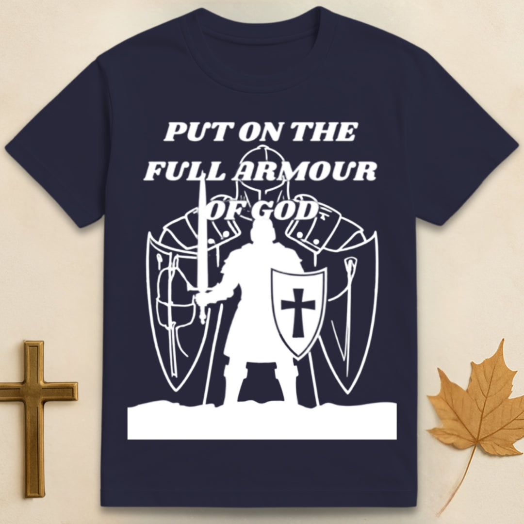 Navy blue Armor of God t-shirt featuring medieval soldier graphic with shield bearing cross emblem and text "Put on the Full Armor of God".