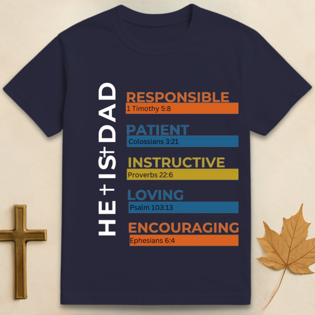Navy blue Dad t-shirt featuring text listing qualities of a good father with corresponding Bible verses underneath each quality