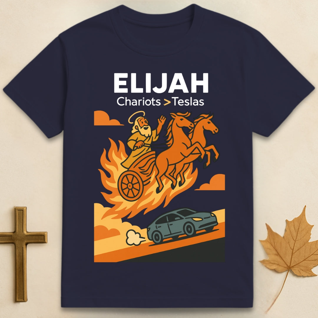 Navy blue Elijah t-shirt with colorful graphic of Elijah in a chariot flying above a Tesla and “chariots > teslas” text