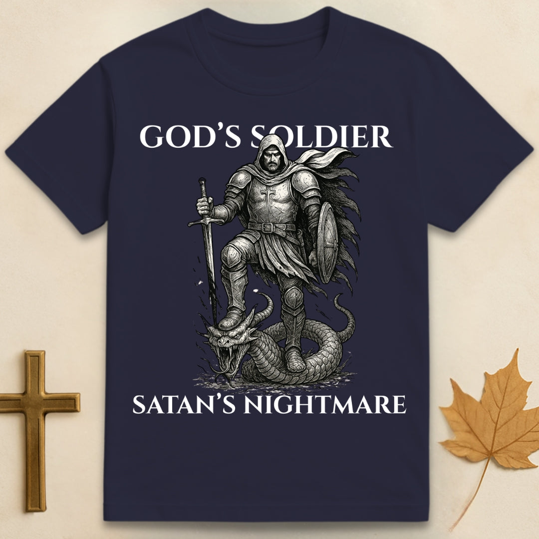 Navy blue God's Soldier t-shirt featuring graphic of a man in armor with foot on serpent's head, text "God's Soldier" above and "Satan's Nightmare" below.