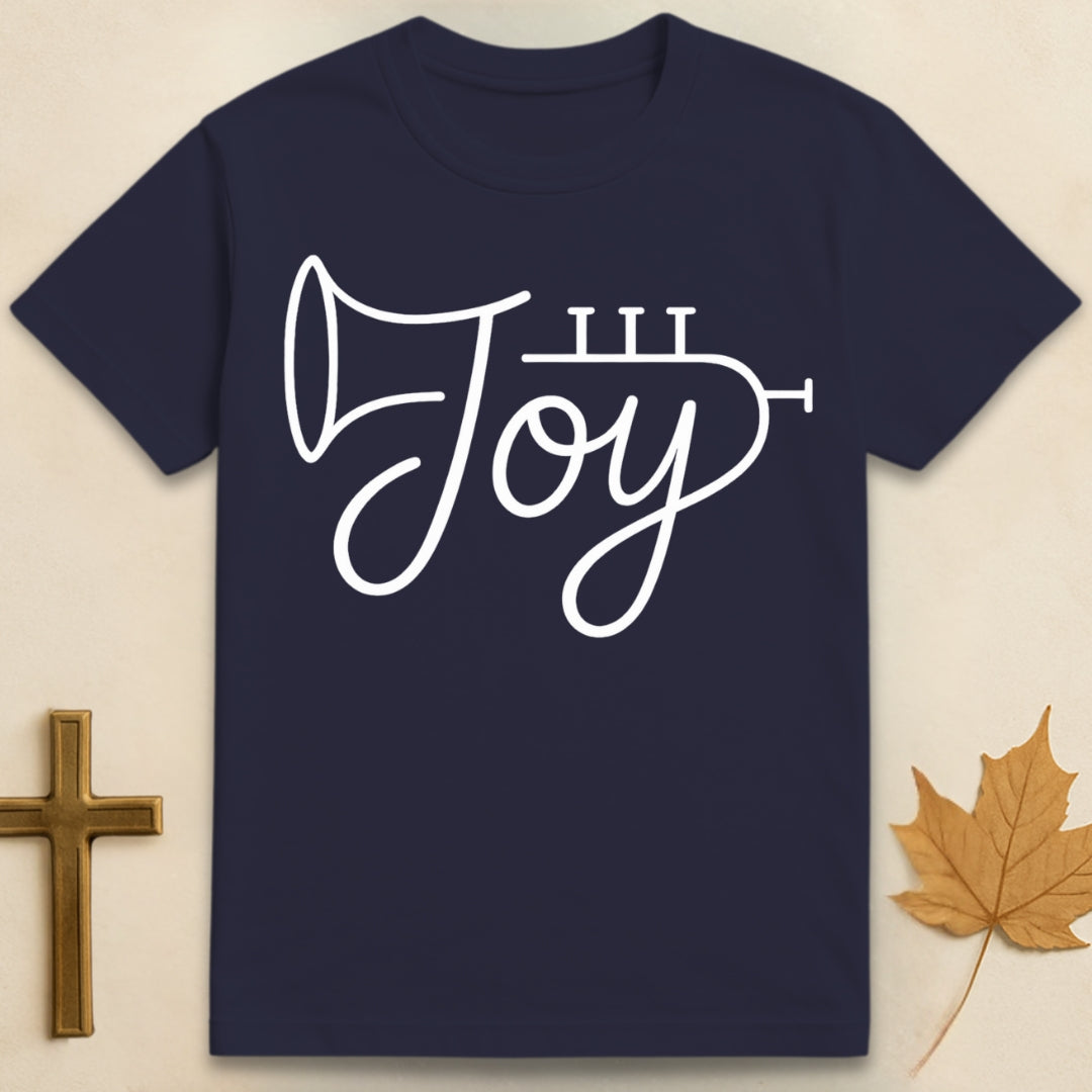 Navy Blue Joy t-shirt with text “joy” shaped like a trumpet illustration