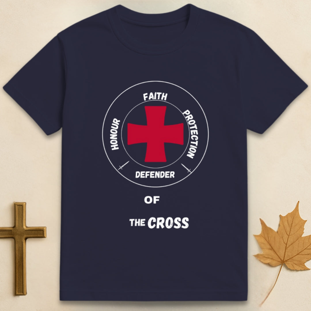 Navy blue Knights Templar t-shirt featuring red knight templar cross graphic with text "Honour, Faith, Protection" around it and "Defender of the Cross" below.