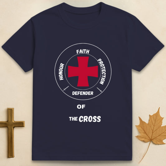 Navy blue Knights Templar t-shirt featuring red knight templar cross graphic with text "Honour, Faith, Protection" around it and "Defender of the Cross" below.