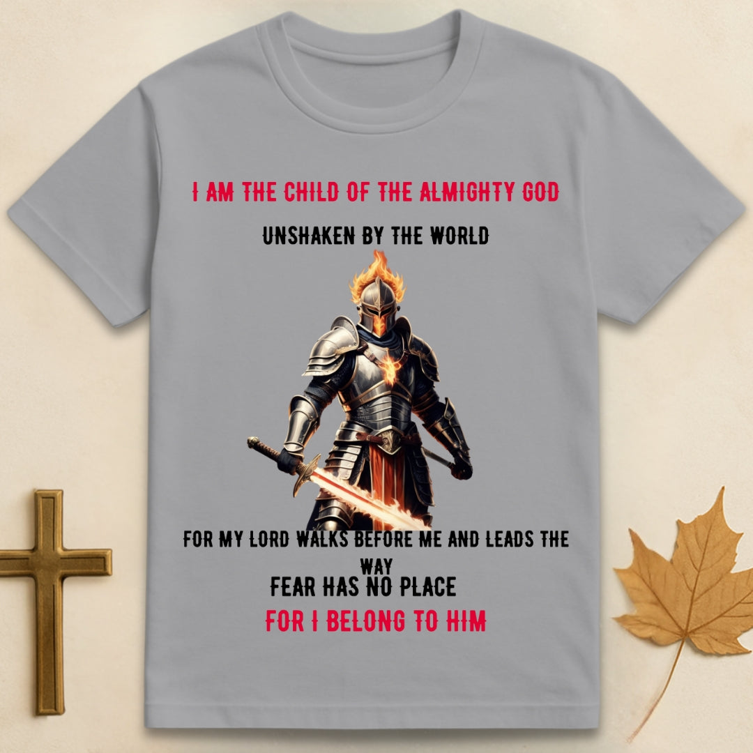 Sports grey Almighty God t-shirt featuring graphic of burning warrior in armor with text "I am a child of the Almighty God, unshaken for my Lord leads the way".