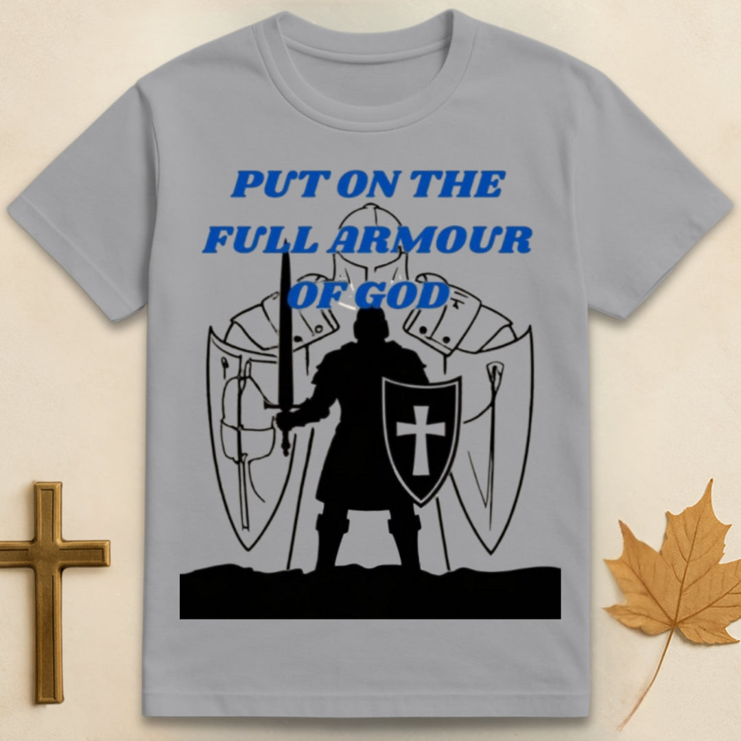 Sports grey Armor of God t-shirt featuring medieval soldier graphic with shield bearing cross emblem and text "Put on the Full Armor of God".