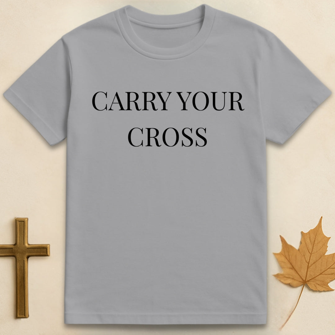 Sports Grey carry your cross t-shirt Christian design featuring “carry your cross” lettering in serif font