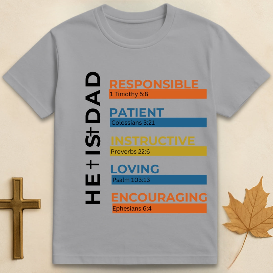 Sports Grey Dad t-shirt featuring text listing qualities of a good father with corresponding Bible verses underneath each quality