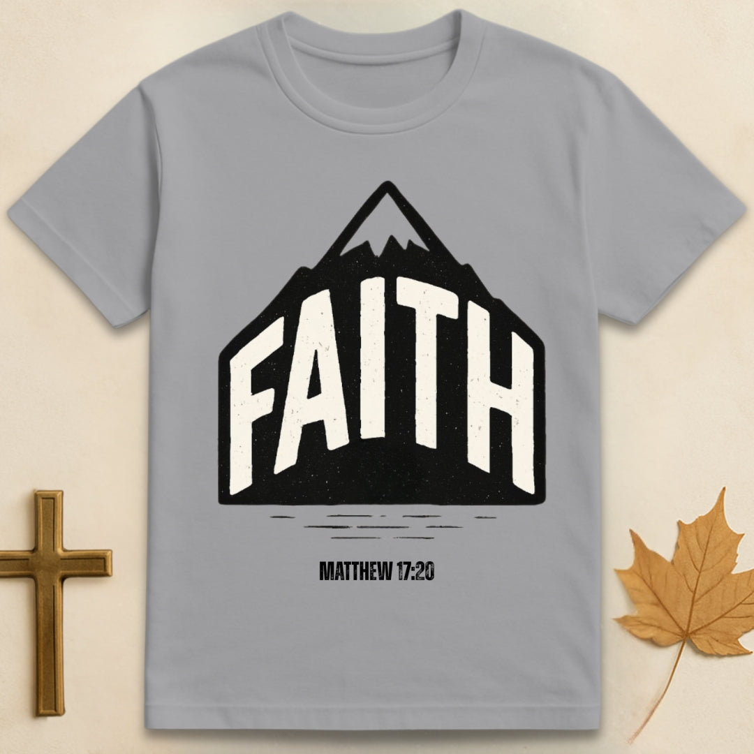 Sports Grey faith can move mountains t-shirt Christian design featuring “faith” text on mountain with Matthew 17:20