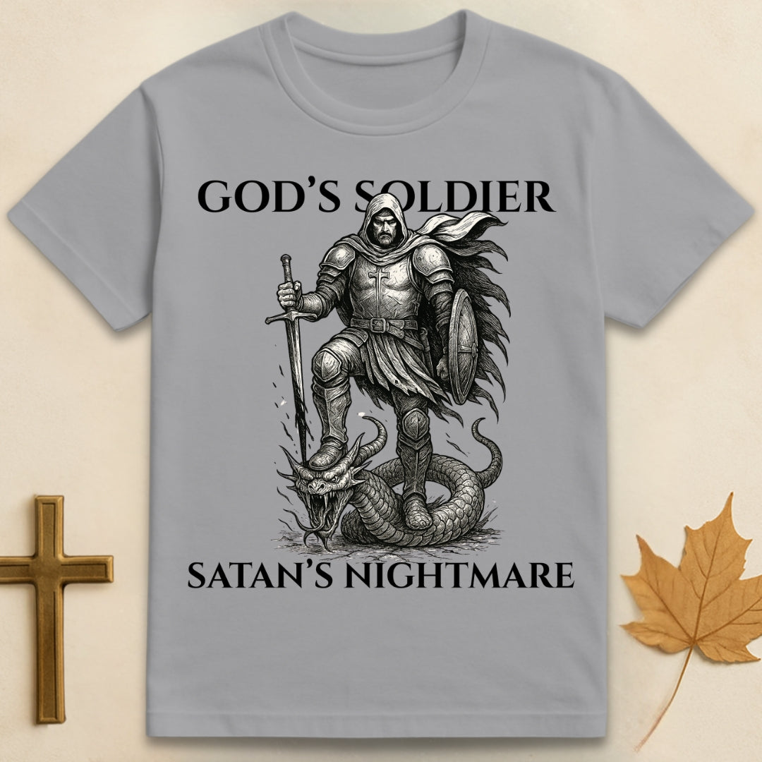 Sports grey God's Soldier t-shirt featuring graphic of a man in armor with foot on serpent's head, text "God's Soldier" above and "Satan's Nightmare" below.