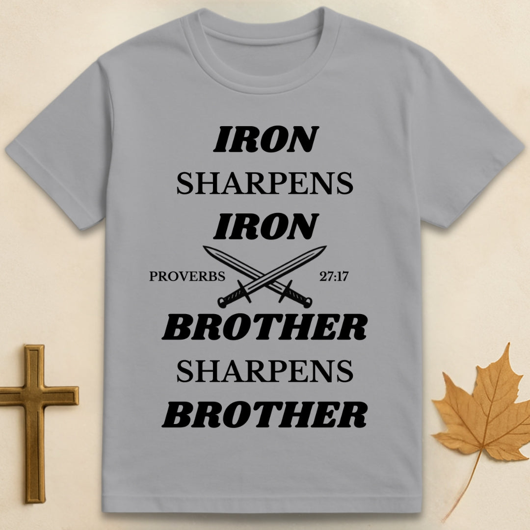 Sports grey Iron Sharpens Iron t-shirt featuring graphic of two crossed swords with text "Iron Sharpens Iron" above and "Brother Sharpens Brother" below.