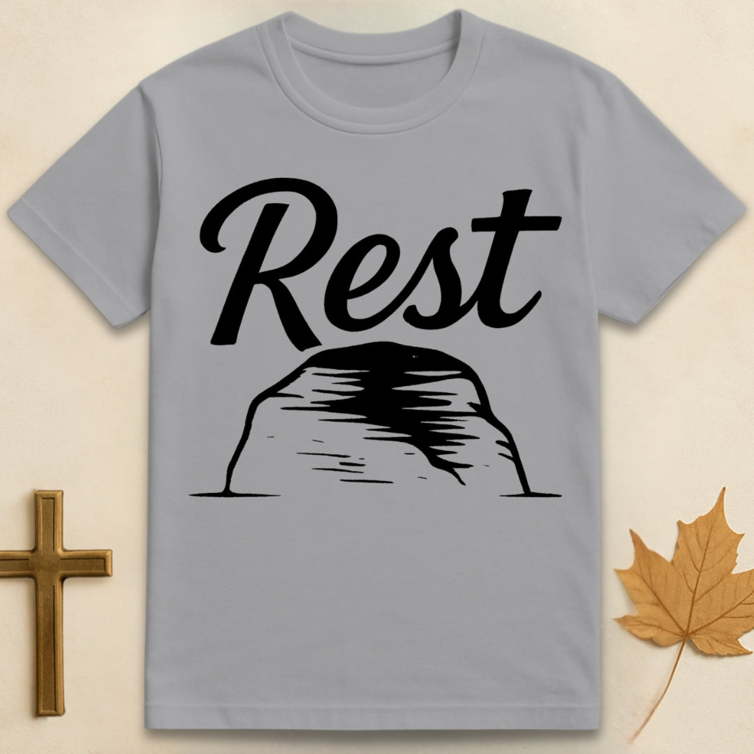 Sports Grey rest in God t-shirt with “rest” text above a simple rock illustration