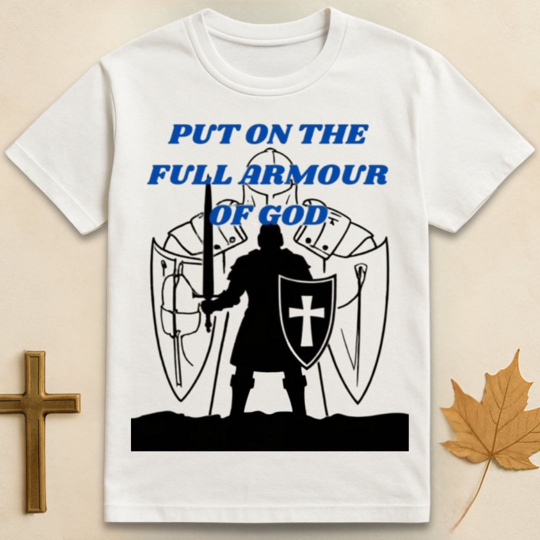 White Armor of God t-shirt featuring medieval soldier graphic with shield bearing cross emblem and text "Put on the Full Armor of God"