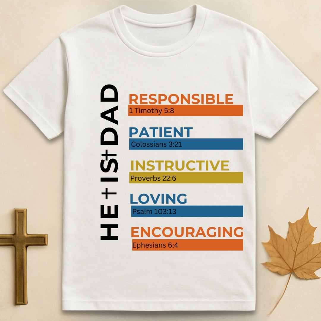 White Dad t-shirt featuring text listing qualities of a good father with corresponding Bible verses underneath each quality