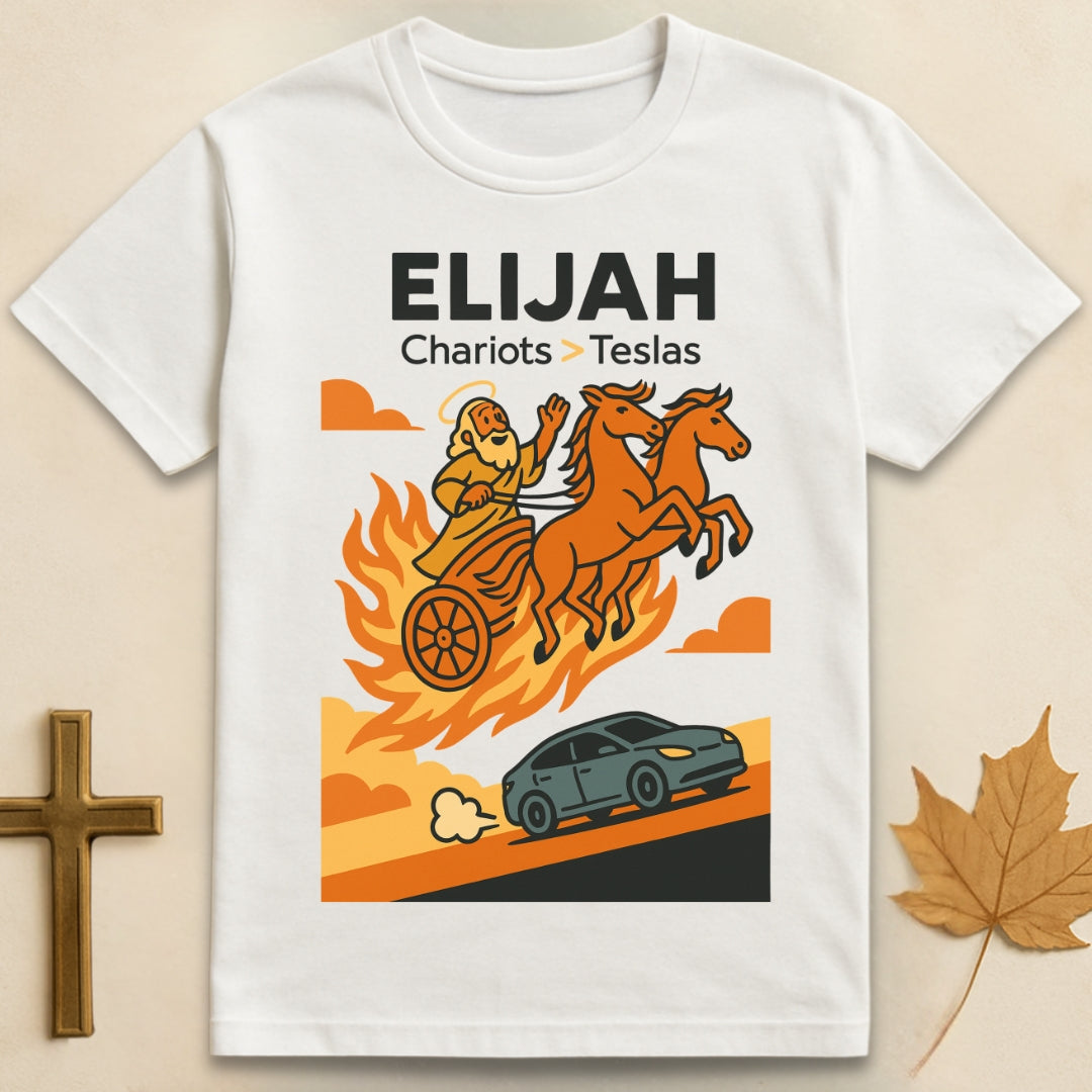 White Elijah t-shirt with colorful graphic of Elijah in a chariot flying above a Tesla and “chariots > teslas” text