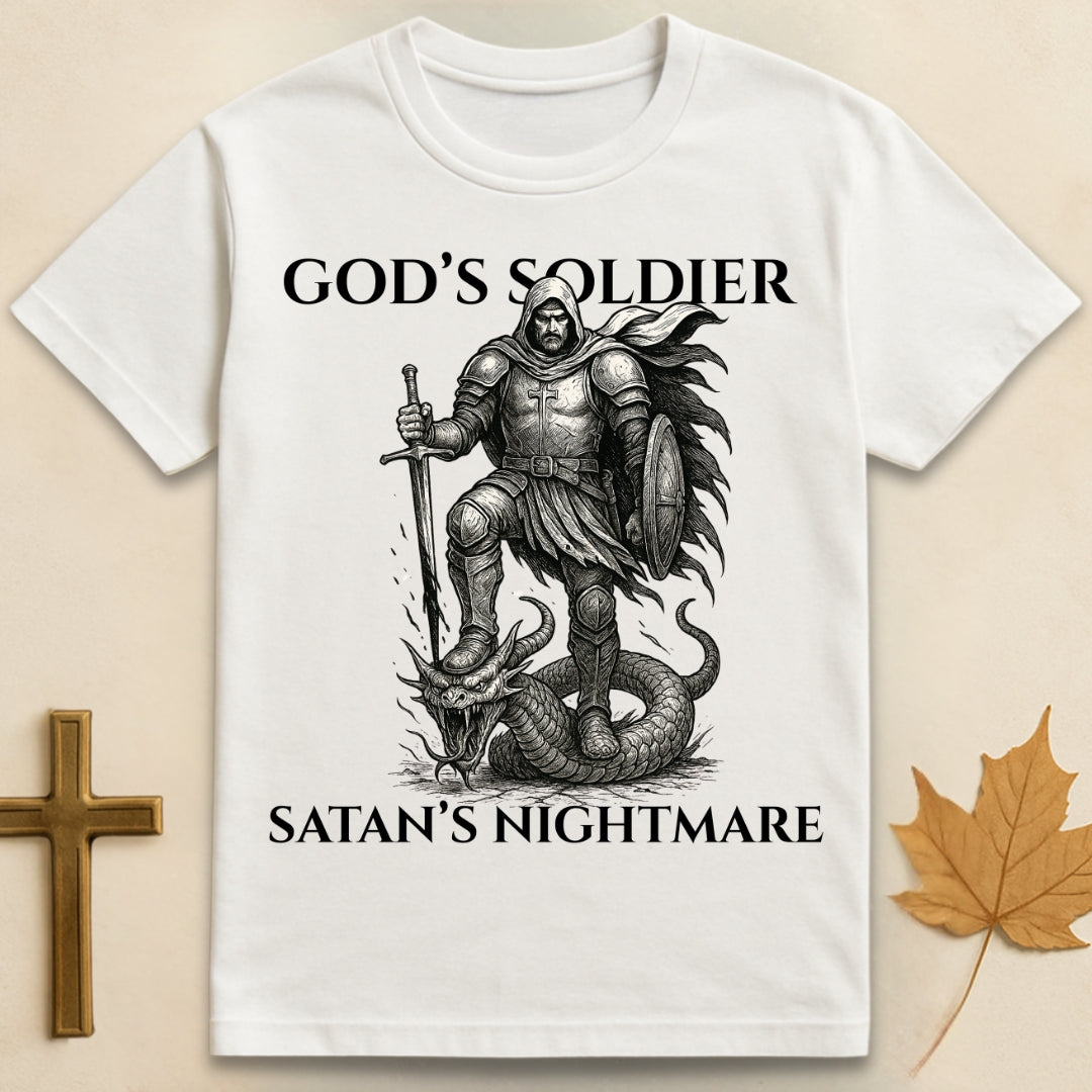 White God's Soldier t-shirt featuring graphic of a man in armor with foot on serpent's head, text "God's Soldier" above and "Satan's Nightmare" below.
