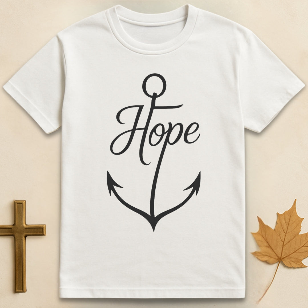 White hope t-shirt Christian graphic featuring “hope” text with anchor illustration